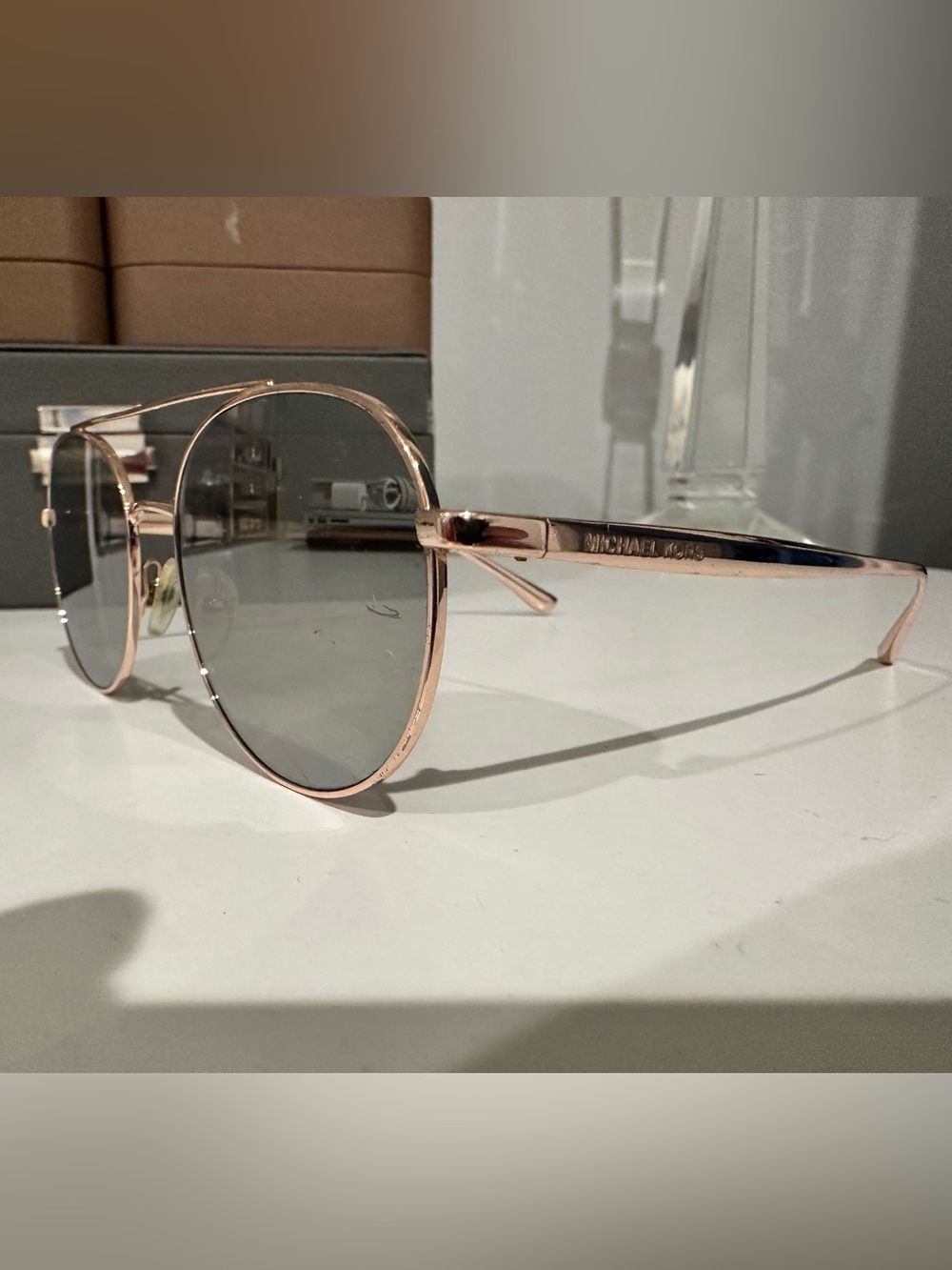 Michael Kors Aviator Sunglasses in Rose Gold with Mirrored Lenses - Picture 3 of 3